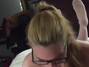 Gorgeous inexperienced married woman wearing white stockings and glasses sucking cock